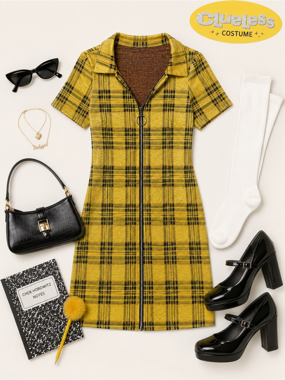 Yellow Plaid Zip-Front Mini Dress Clueless Cher Vintage 90’s Inspired Size Large